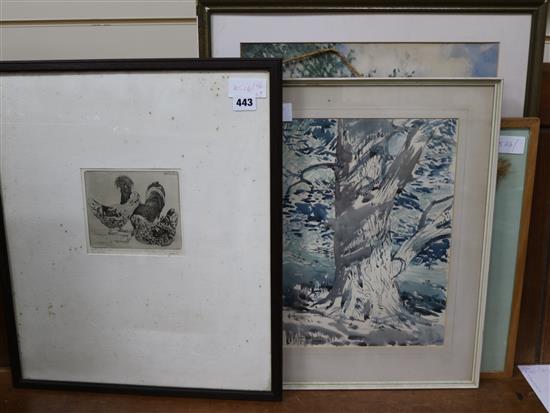Beatrice Stella Pedder & Edward Enoch Anderson, etching of Hoydan Fowls and three assorted watercolours